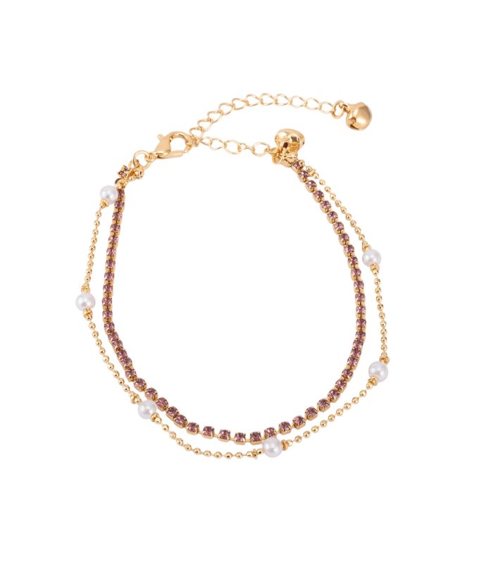 Premium Double Layer Crystal Stone & Pearl Bracelet - Adjustable Gold Tone Musical Chiming Layered Bracelet for Women