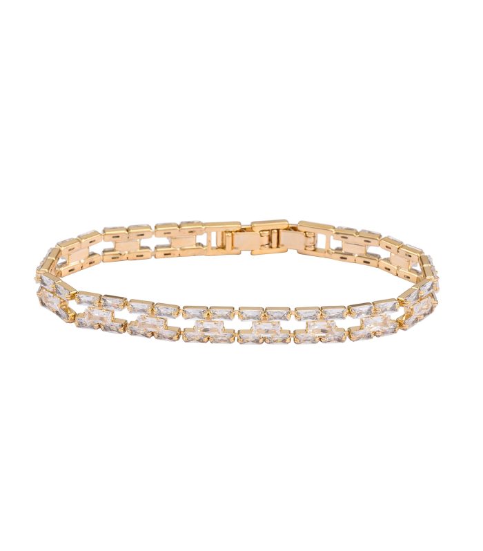 Premium Double Row Baguette American Diamond Link Bracelet for Women - Elegant Geometric AD Stone Kada Bangle with Fold-Over Double Clasp