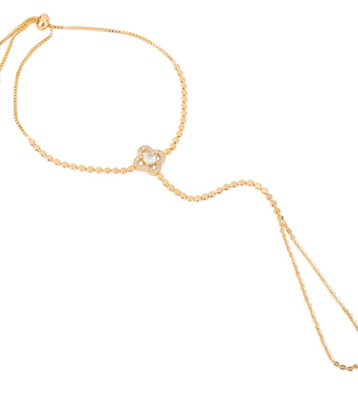 Premium Gold Tone American Diamond Ring Bracelet for Women - Adjustable Clover Charm Hand Harness Hathphool Minimalist AD Stone Multi-Finger Bracelet