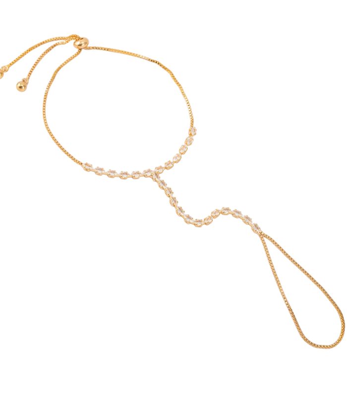 Premium Gold Tone American Diamond Tennis Line Ring Bracelet for Women - Adjustable Continuous AD Stone Hand Harness Hathphool Minimalist Bridal Bangle