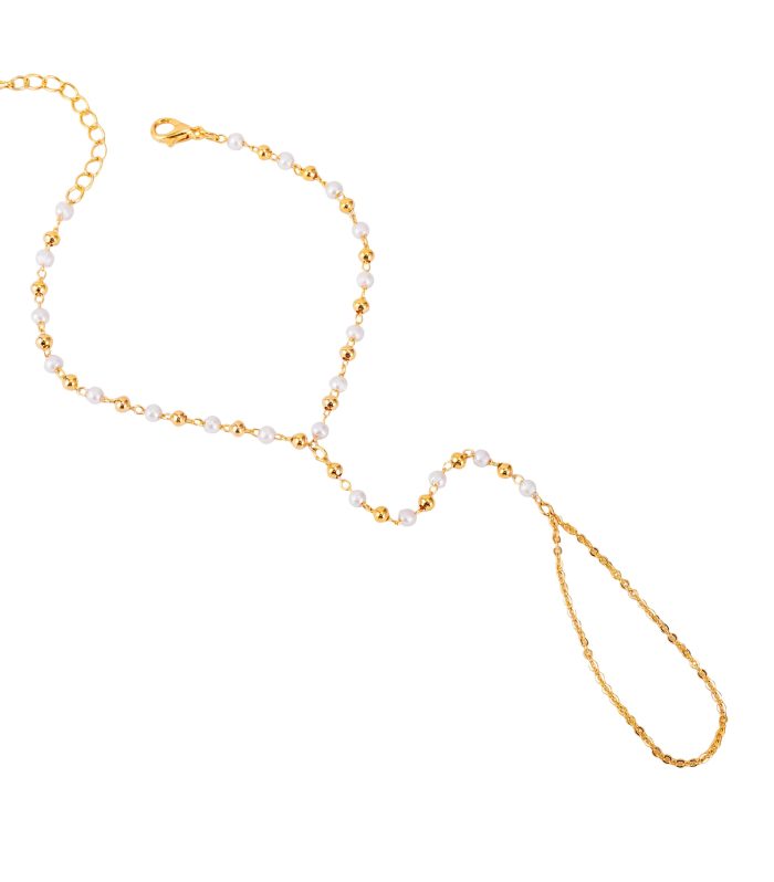 Premium Gold Tone Pearl & Beads Ring Bracelet for Women - Adjustable Lightweight Dainty Hand Harness Hathphool Minimalist Multi-Finger Bangle