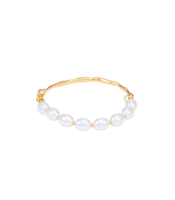 Premium Stainless Steel Half Bangle Half Pearl Bracelet for Women - Waterproof & Sweat-Proof Mixed Structure Gold-Tone Kada