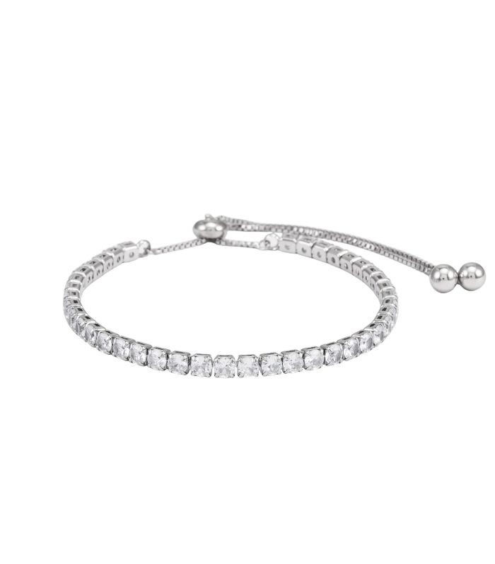 Premium Stainless Steel 4mm American Diamond Tennis Bracelet - Adjustable Waterproof & Sweat-Proof Silver Tone AD Stone Slider Bracelet for Women
