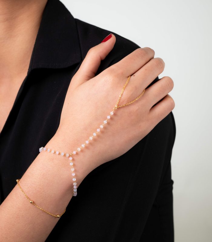 Premium Gold Tone Double Layer Crystal Beads Ring Bracelet for Women - Adjustable Lightweight Layered Hand Harness Hathphool Minimalist Boho Bangle