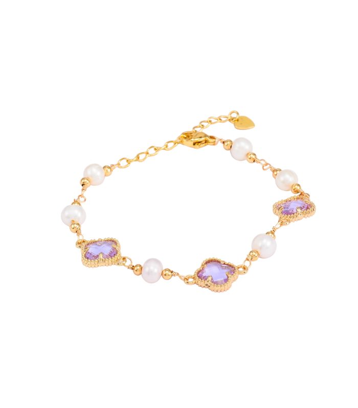 Premium Clover Crystal & Pearl Charm Bracelet for Women - Adjustable Gold Tone Elegant Statement Link Bracelet