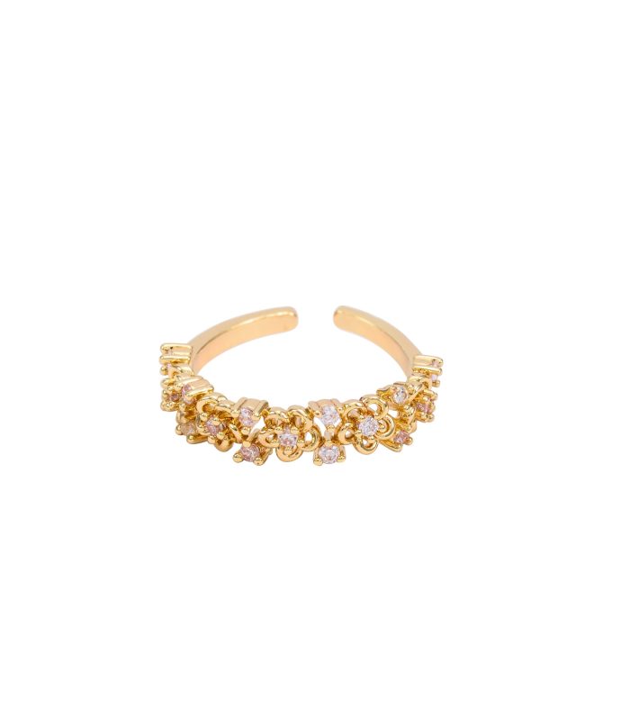 Gold Floral Filigree Pink Diamond Adjustable Ring