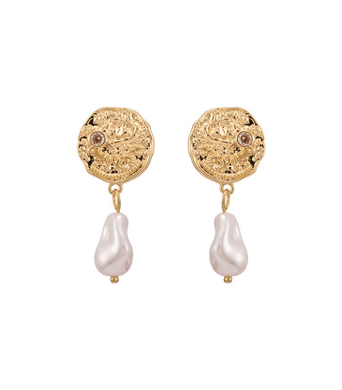 Gold Embossed Coin & Baroque Pearl Drop Earrings