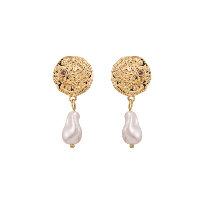 Gold Embossed Coin & Baroque Pearl Drop Earrings