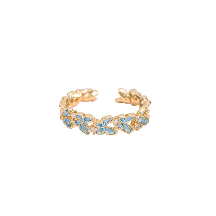 Gold Blue Enamel Butterfly Adjustable Ring