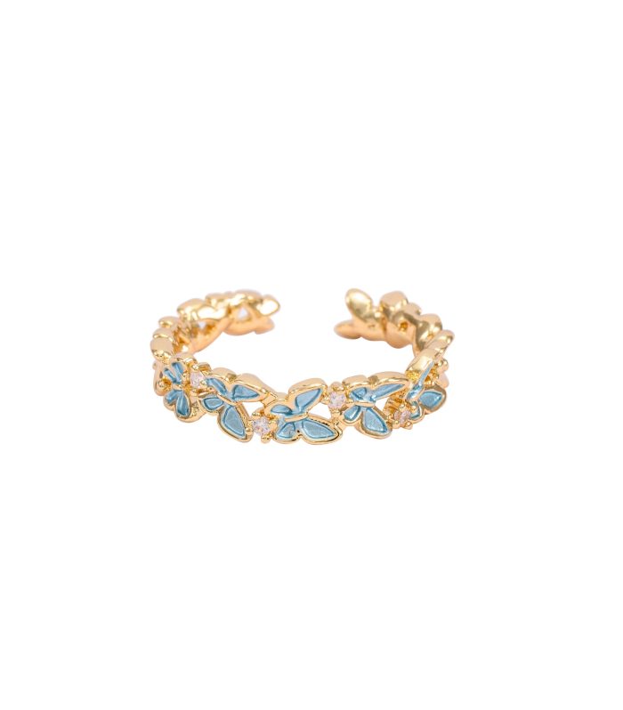 Gold Blue Enamel Butterfly Adjustable Ring