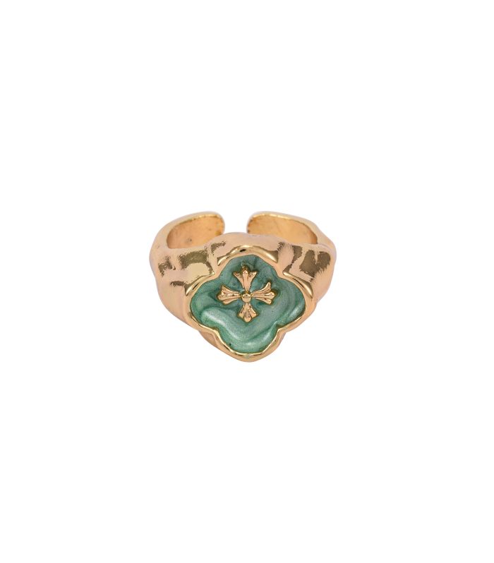 Gold Chunky Signet Ring with Green Enamel Cross