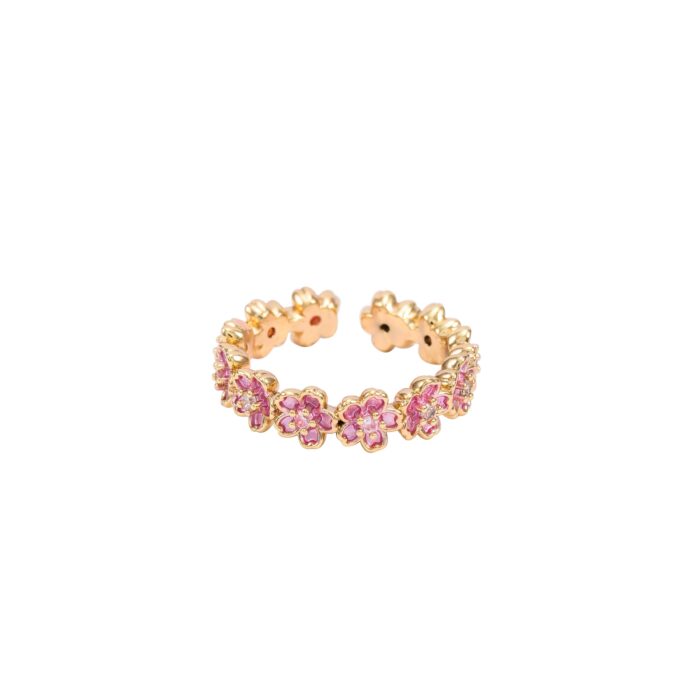 Gold Pink Crystal Daisy Flower Adjustable Ring