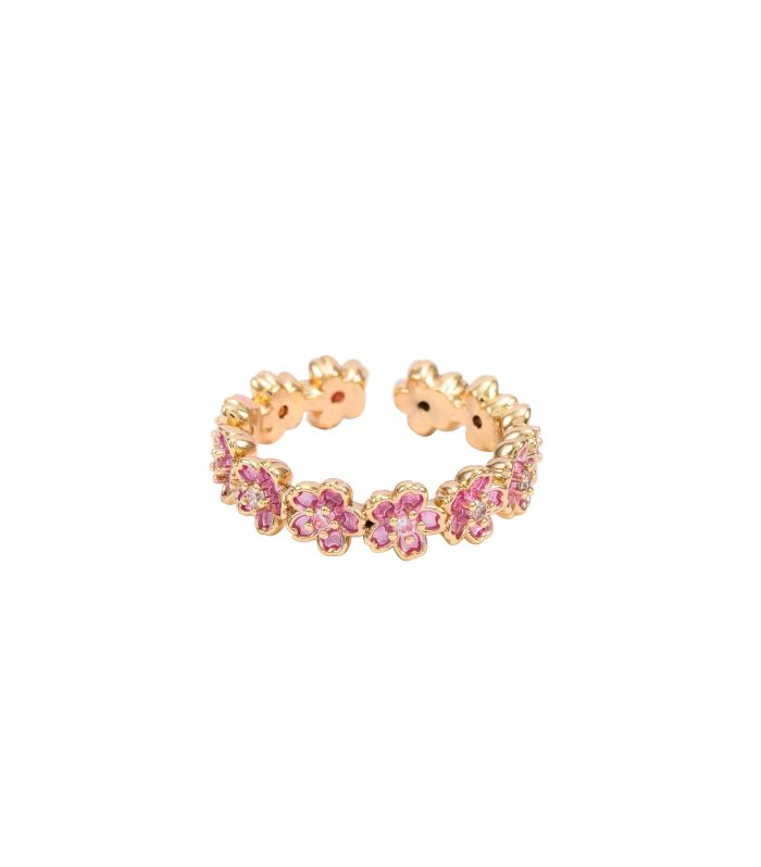 Gold Pink Crystal Daisy Flower Adjustable Ring