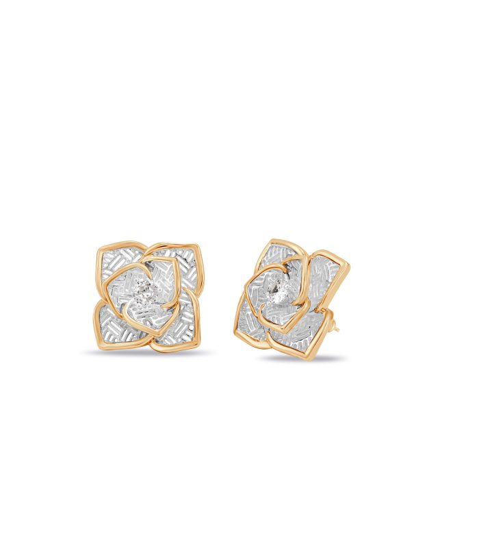 Two-Tone Floral Stud Earrings with Crystal Centre