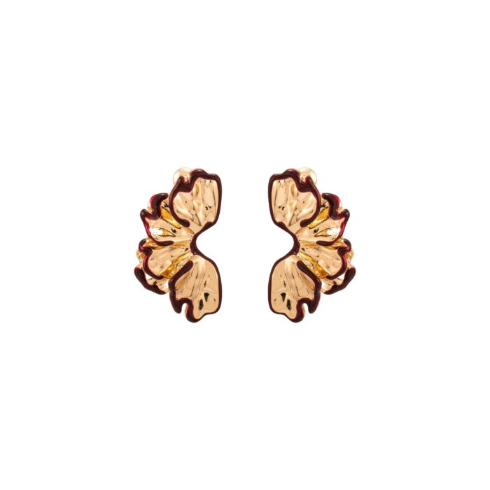 Gold & Burgundy Enamel Petal Stud Earrings