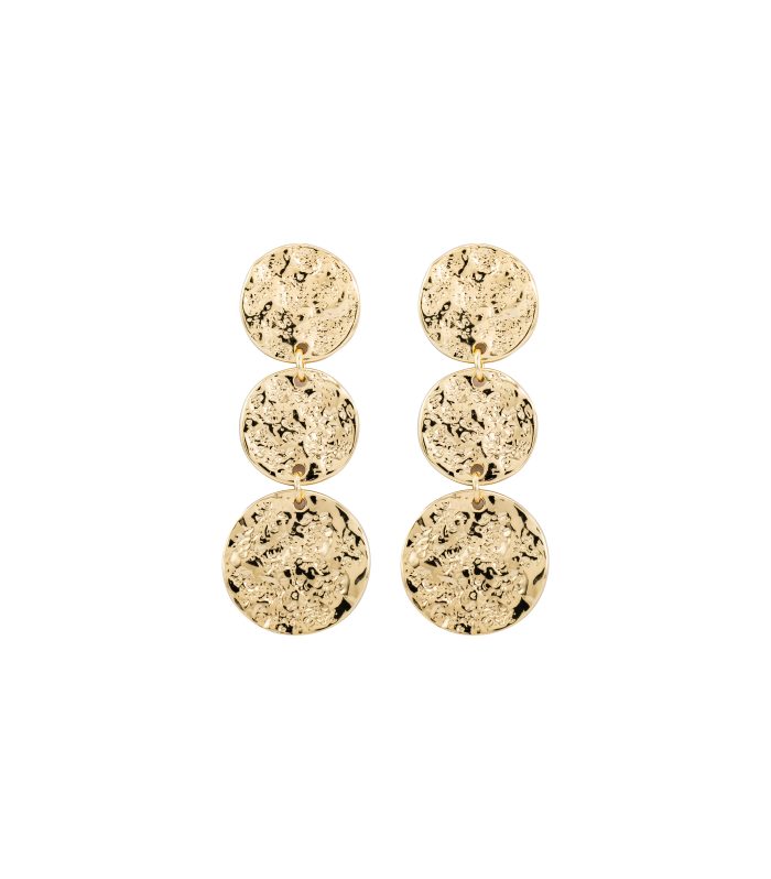 Gold Triple Disc Drop Earrings with Hammered Texture