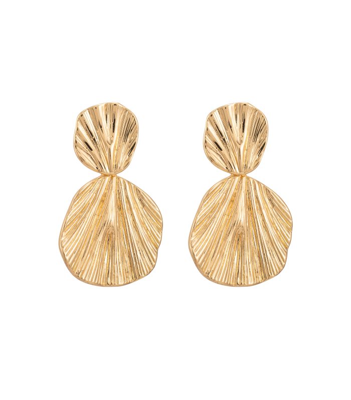 Gold Double Petal Radial Textured Drop Earrings