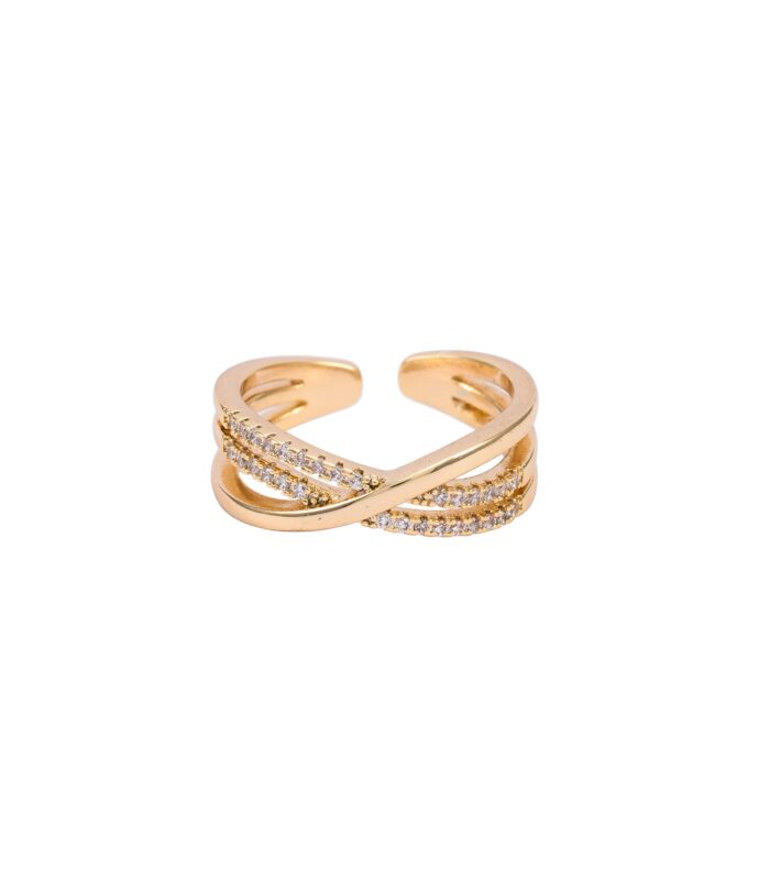 Gold Criss Cross Adjustable Ring with Crystal Pave for Women