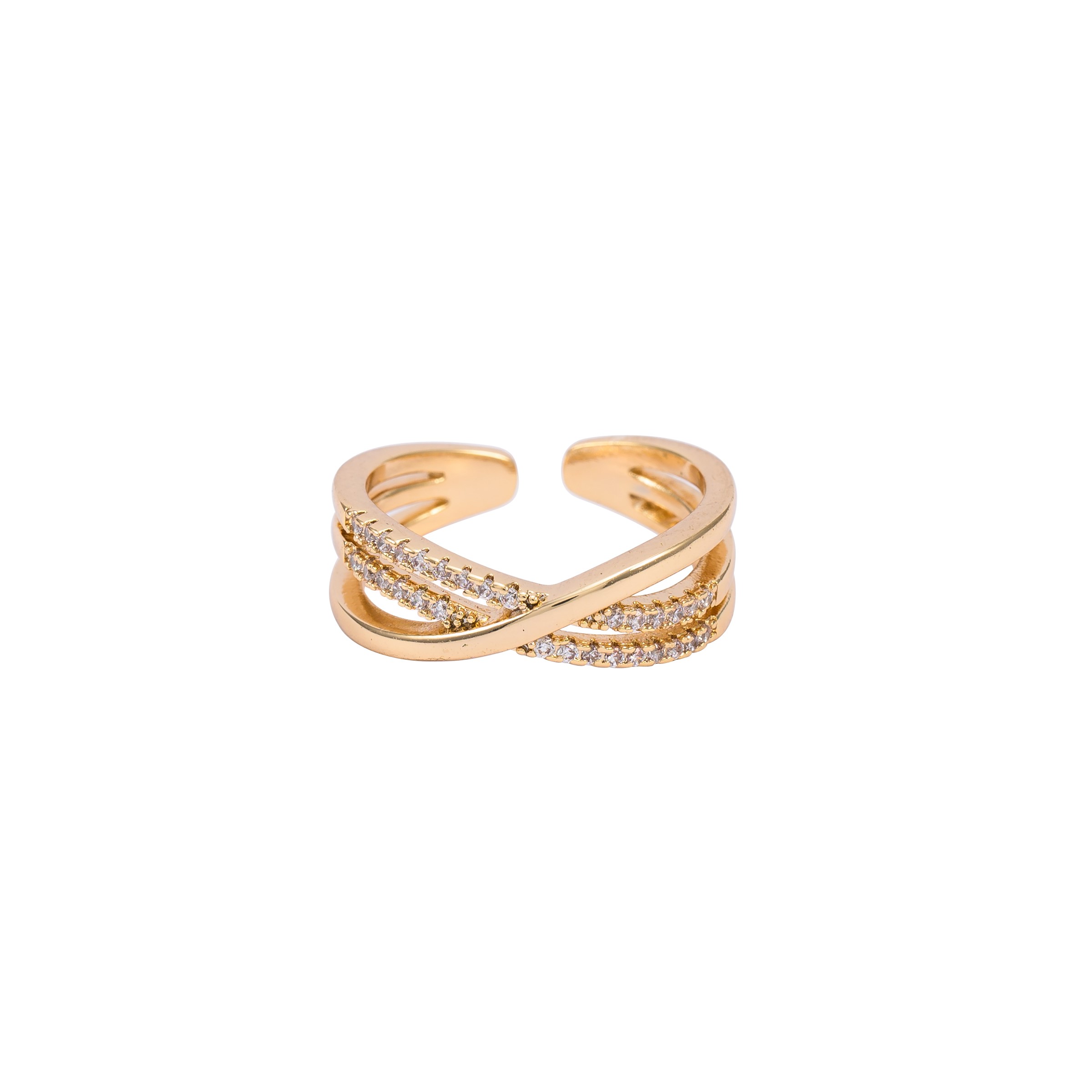 Gold Criss Cross Adjustable Ring with Crystal Pave for Women