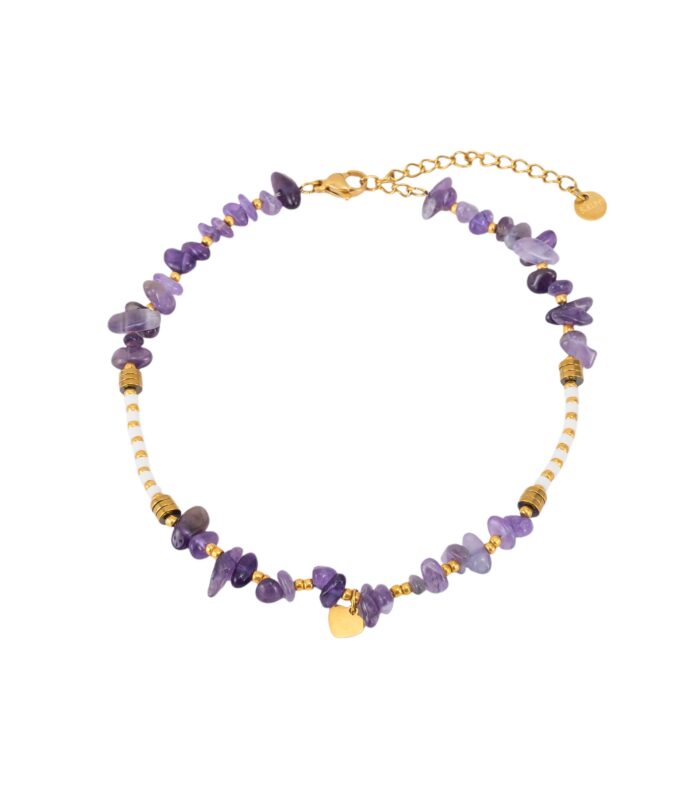 Natural Stone Chip Beaded Anklet for Women with Gold Heart Charm
