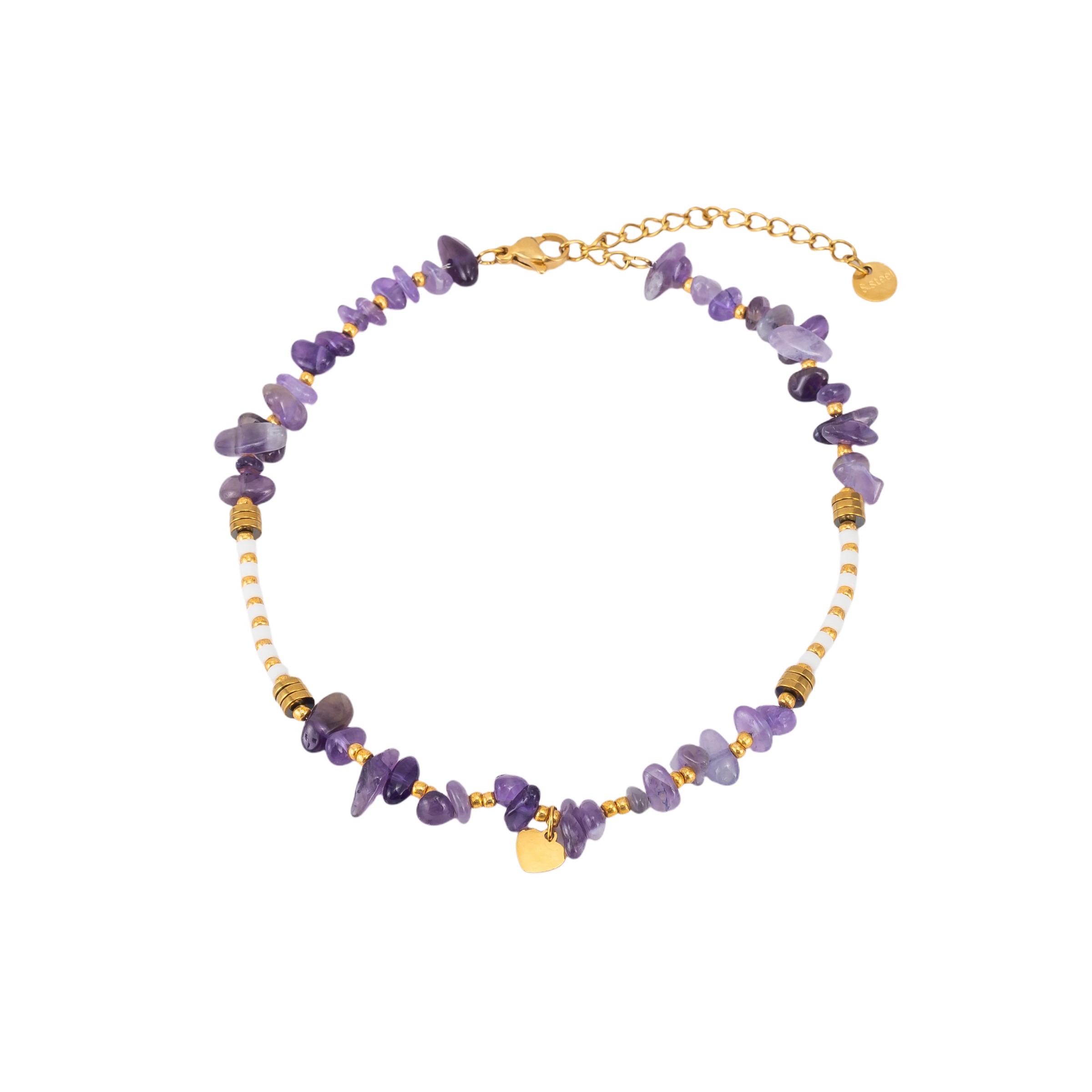 Natural Stone Chip Beaded Anklet for Women with Gold Heart Charm