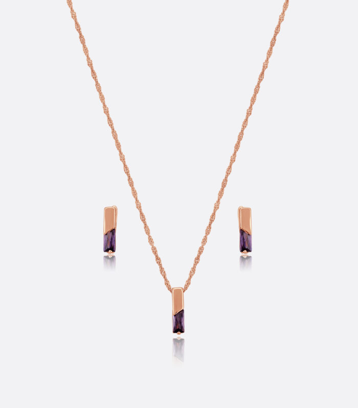 Rose Gold Tone Purple Crystal Bar Pendant Necklace and Earrings Set