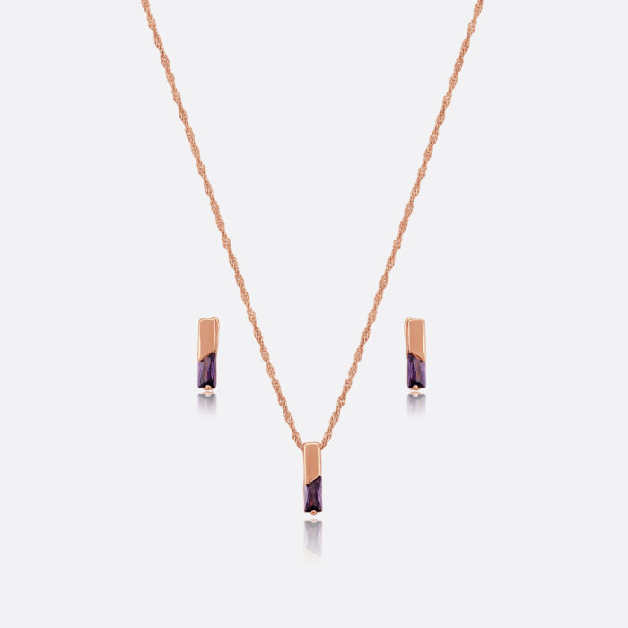 Rose Gold Tone Purple Crystal Bar Pendant Necklace and Earrings Set