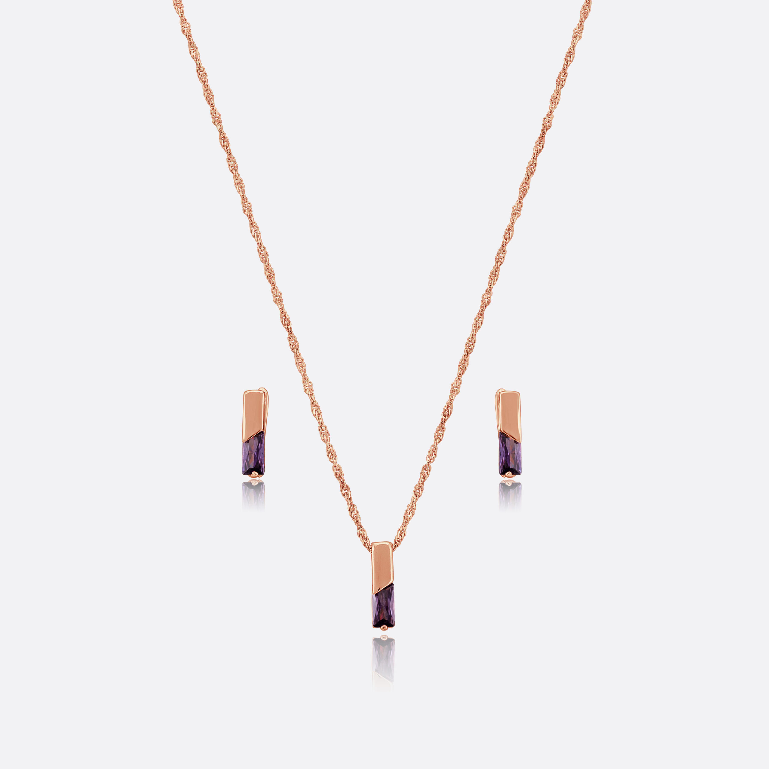 Rose Gold Tone Purple Crystal Bar Pendant Necklace and Earrings Set