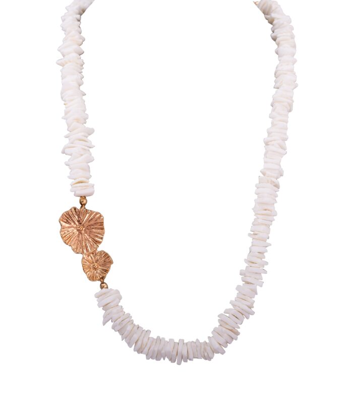 White Shell Beaded Necklace with Gold Flower Pendant for Women
