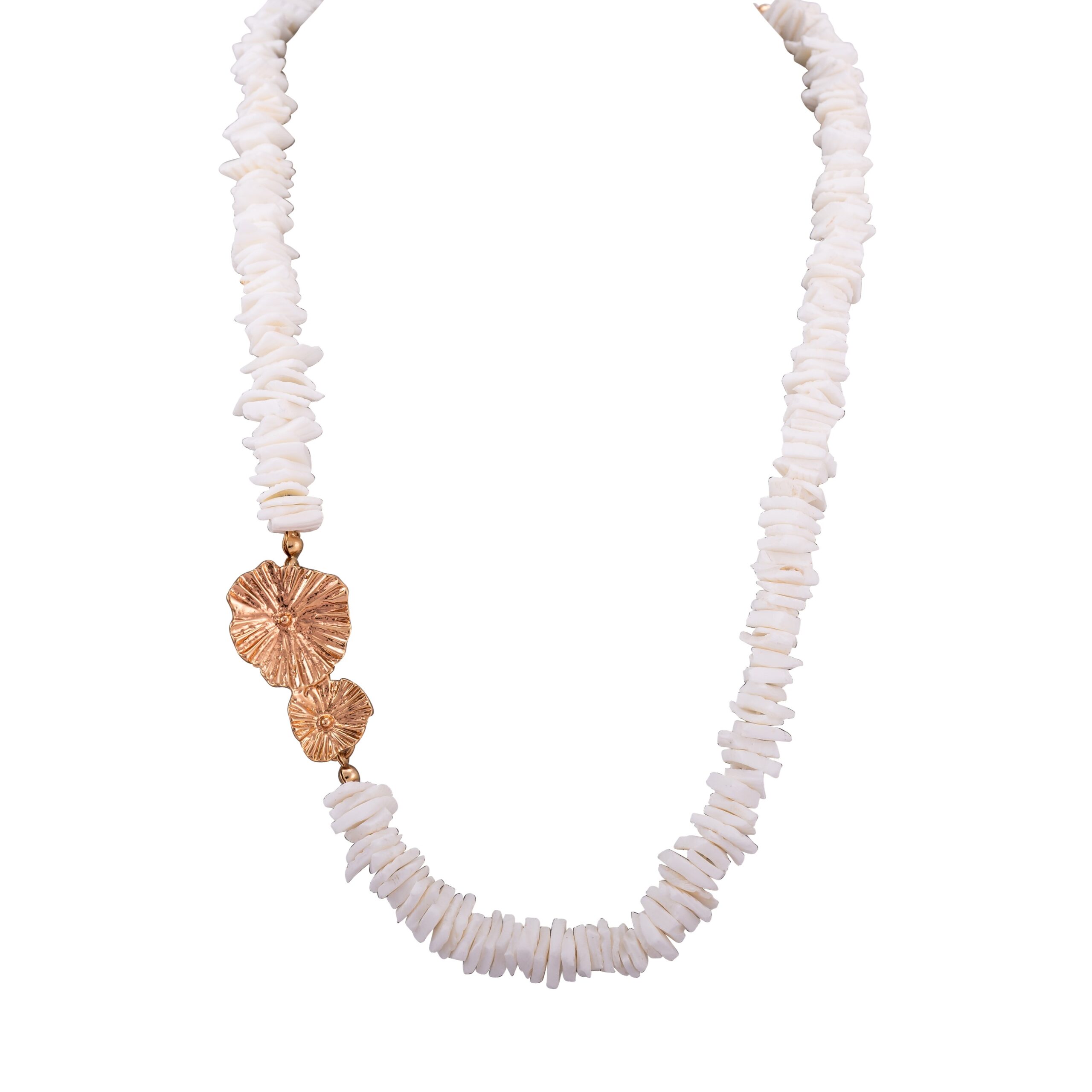 White Shell Beaded Necklace with Gold Flower Pendant for Women