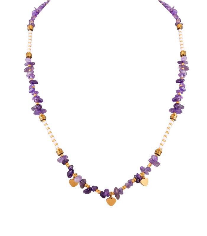 Natural Stone Chip Beaded Necklace with Gold Heart Charms for Women