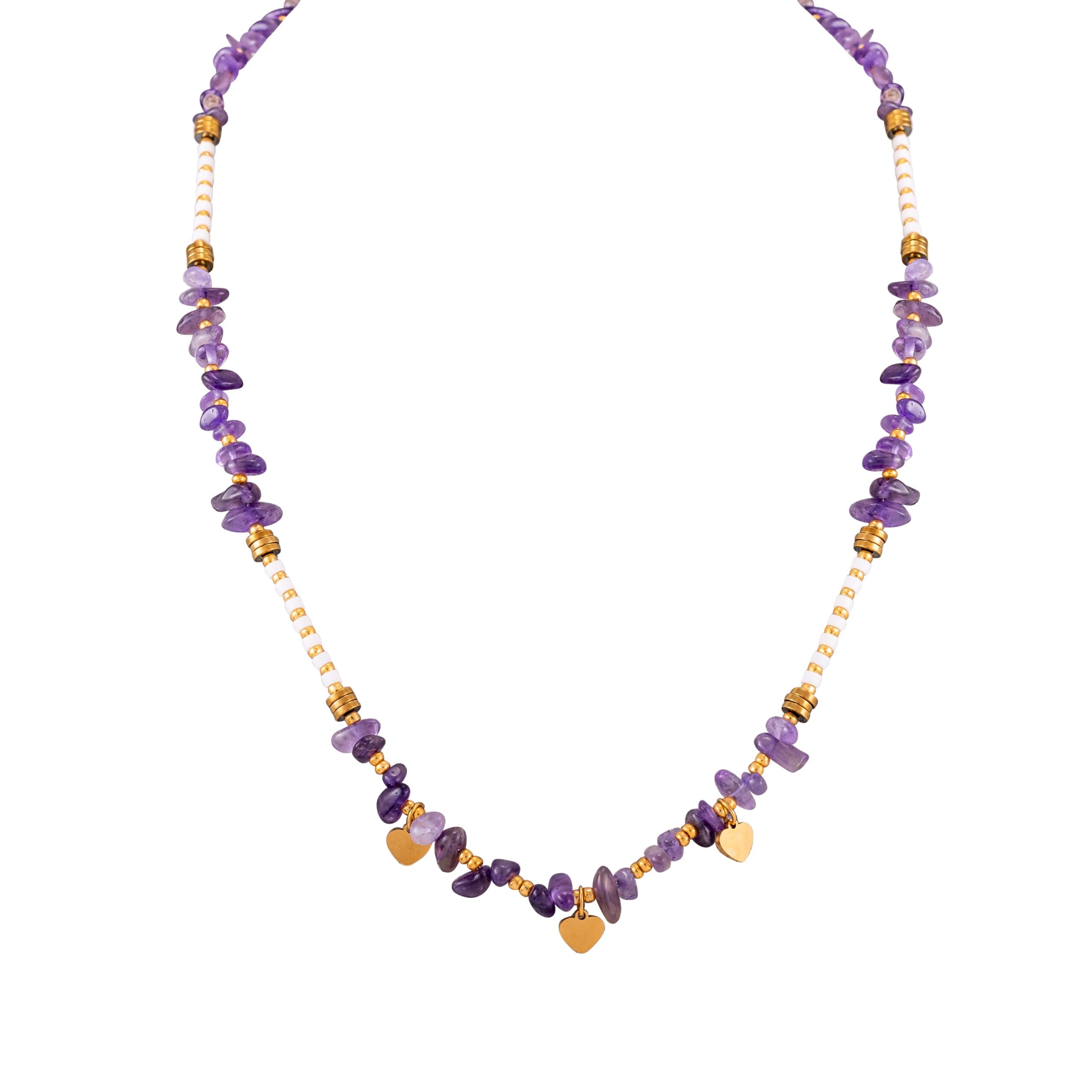 Natural Stone Chip Beaded Necklace with Gold Heart Charms for Women
