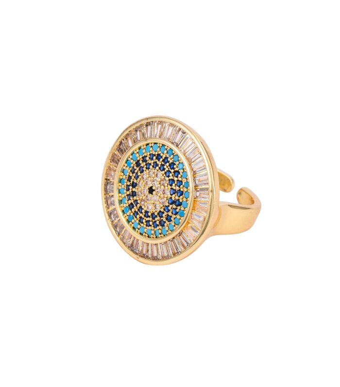 Gold Evil Eye Turquoise & Baguette Crystal Adjustable Ring