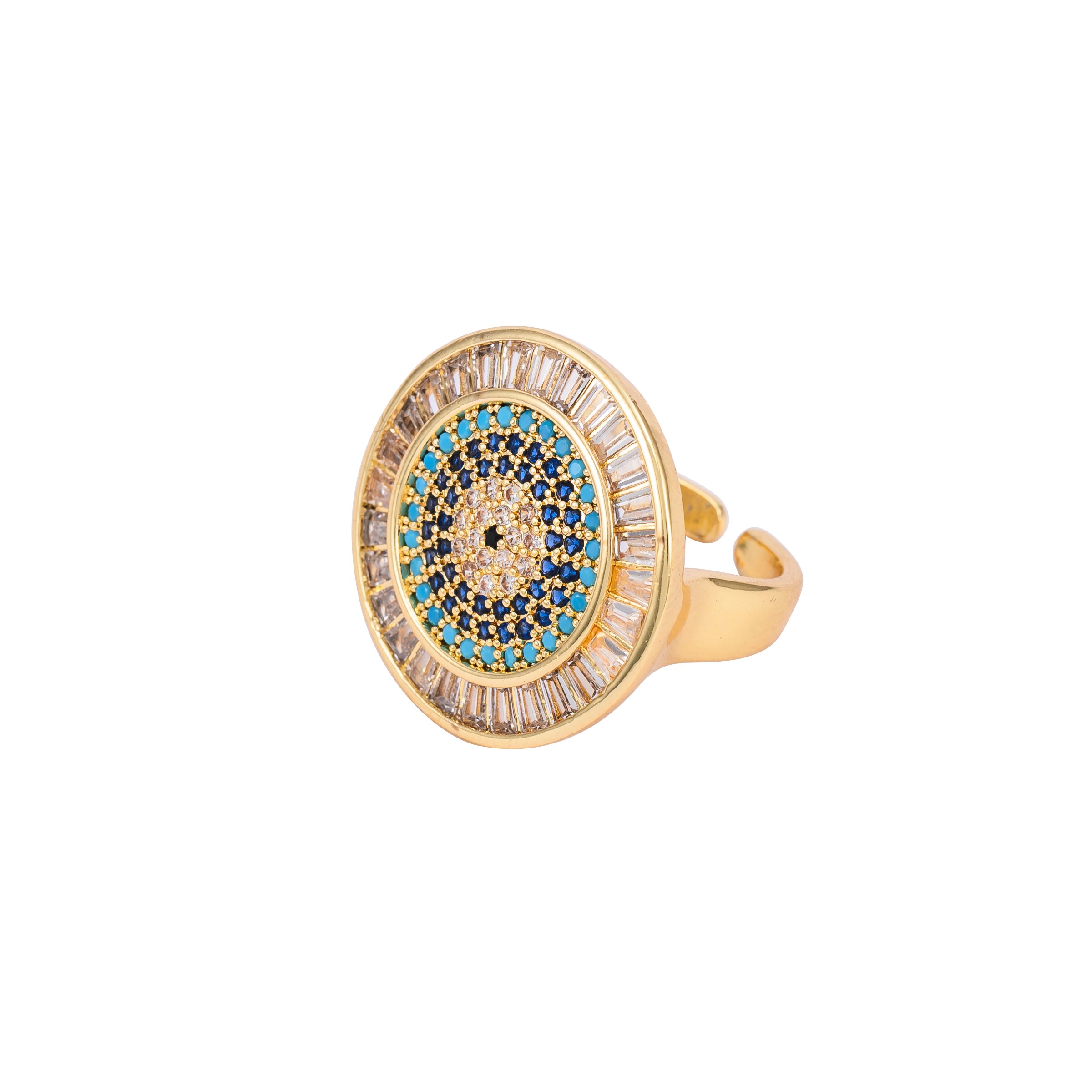 Gold Evil Eye Turquoise & Baguette Crystal Adjustable Ring