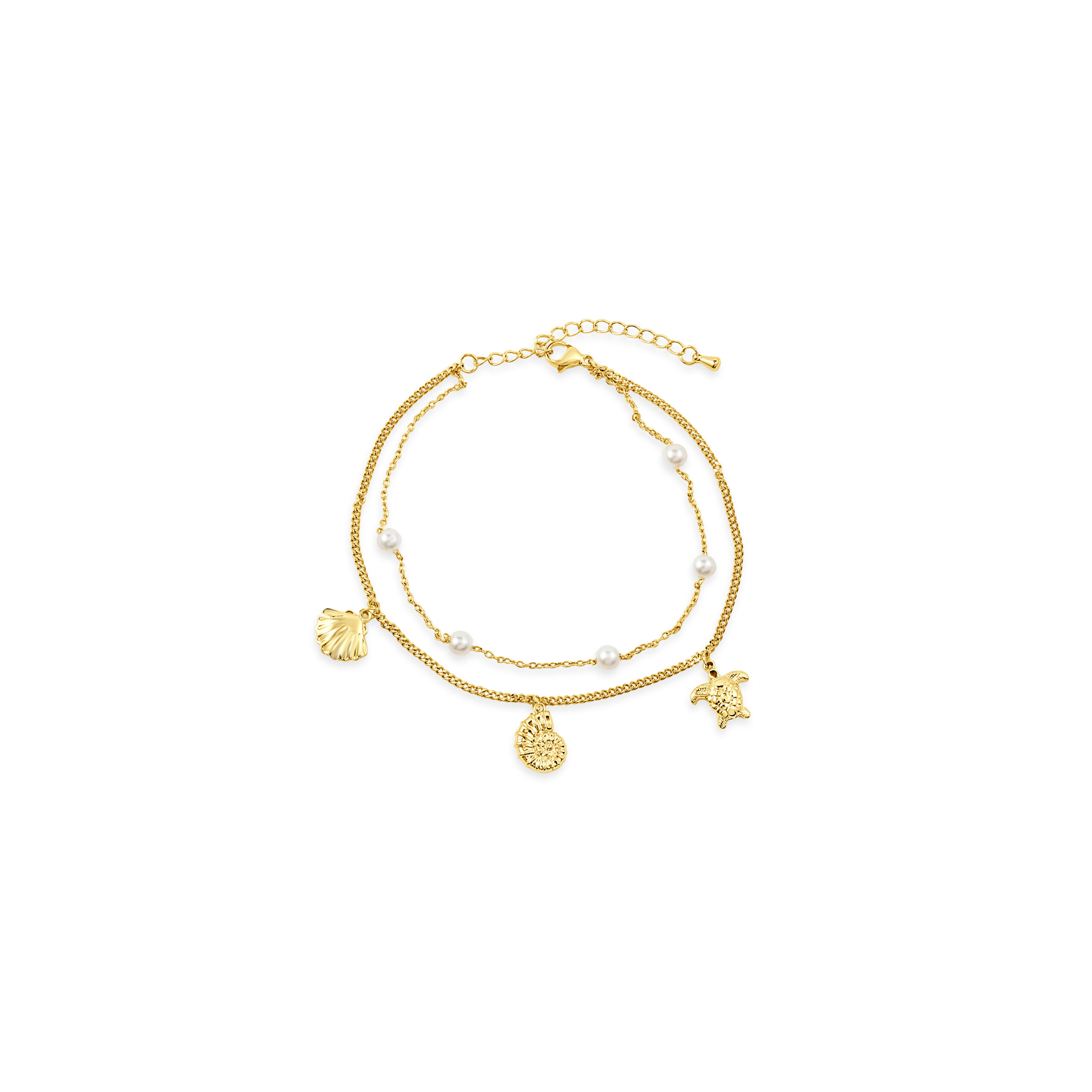 Gold Plated Double Layer Sea Shell & Pearl Anklet
