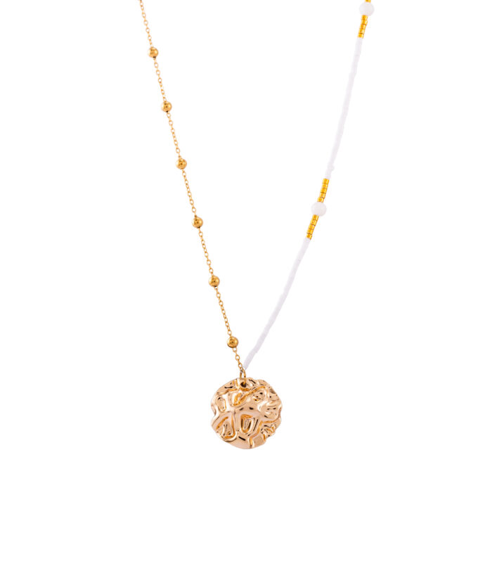 Gold Hammered Coin Pendant Necklace with White Beaded Chain for Women