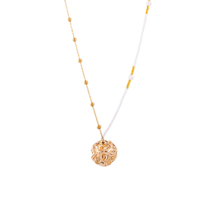 Gold Hammered Coin Pendant Necklace with White Beaded Chain for Women