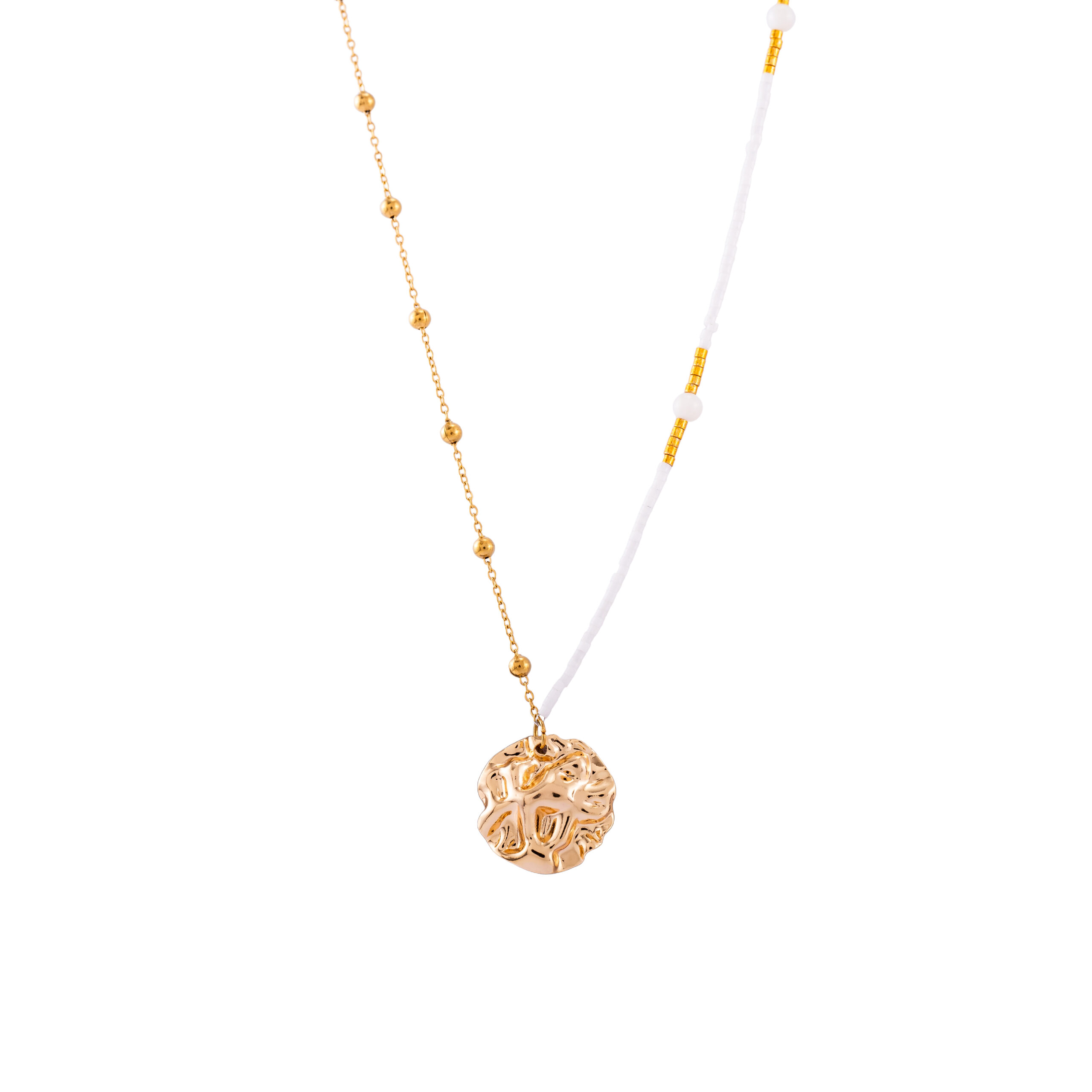 Gold Hammered Coin Pendant Necklace with White Beaded Chain for Women