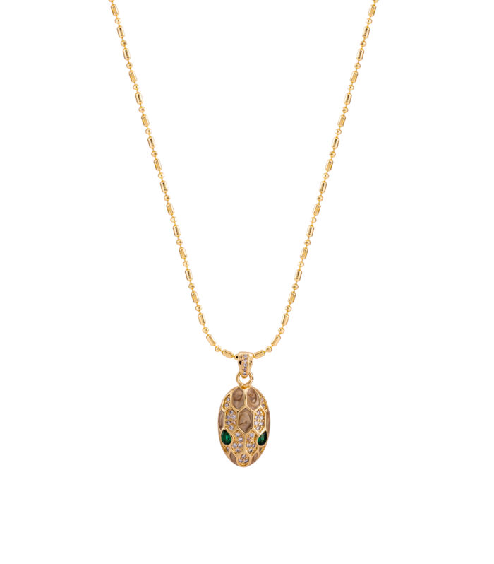 Gold Snake Head Pendant Necklace for Women with Enamel & Crystal