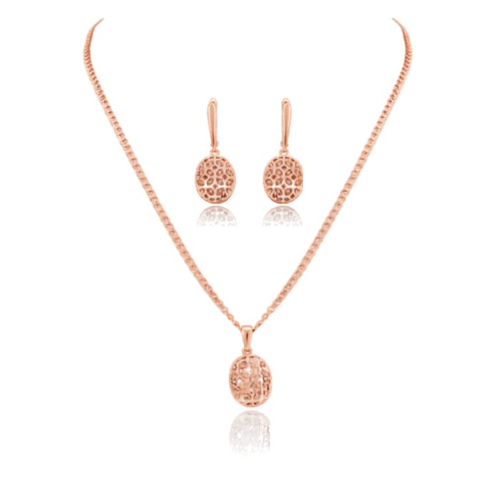 Rose Gold Tone Filigree Pendant Necklace and Earrings Set with Adjustable Chain
