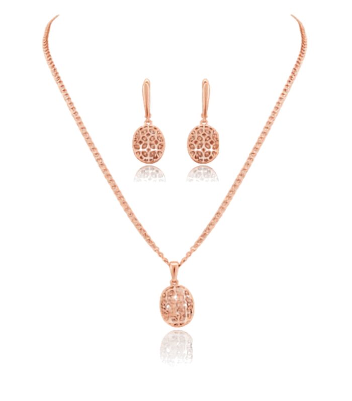 Rose Gold Tone Filigree Pendant Necklace and Earrings Set with Adjustable Chain