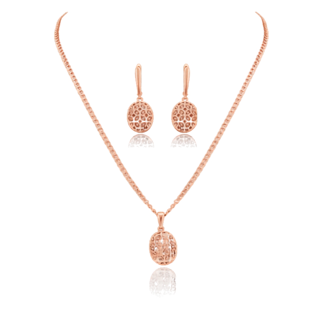 Rose Gold Tone Filigree Pendant Necklace and Earrings Set with Adjustable Chain