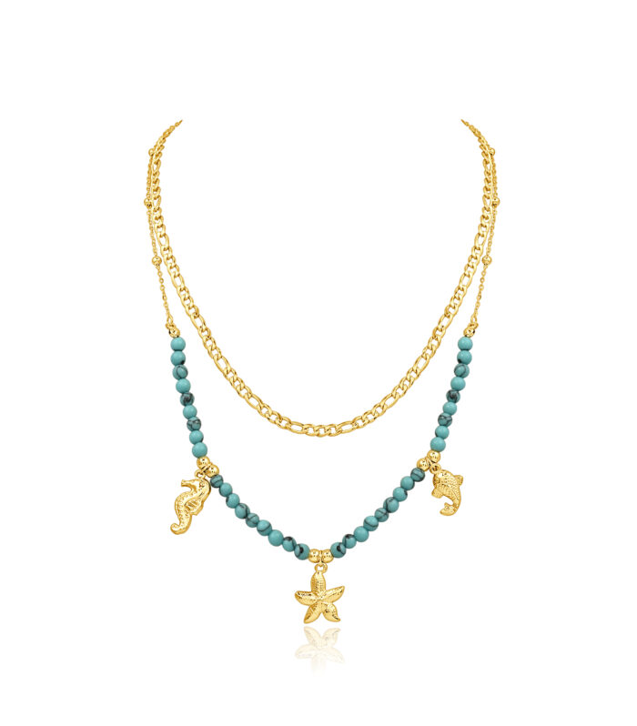 Gold Plated Layered Turquoise Ocean Charm Necklace