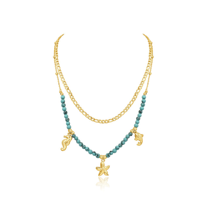 Gold Plated Layered Turquoise Ocean Charm Necklace