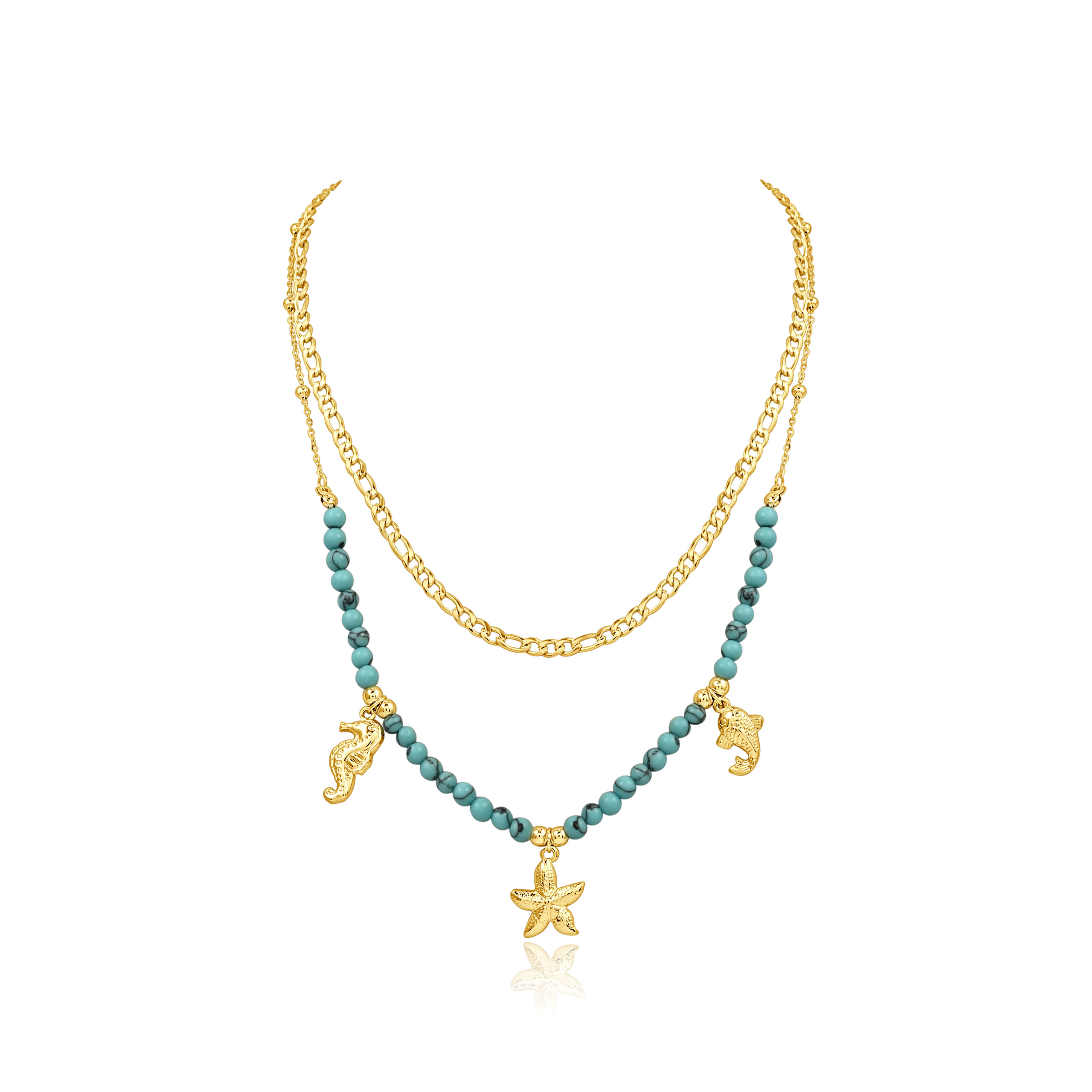 Gold Plated Layered Turquoise Ocean Charm Necklace