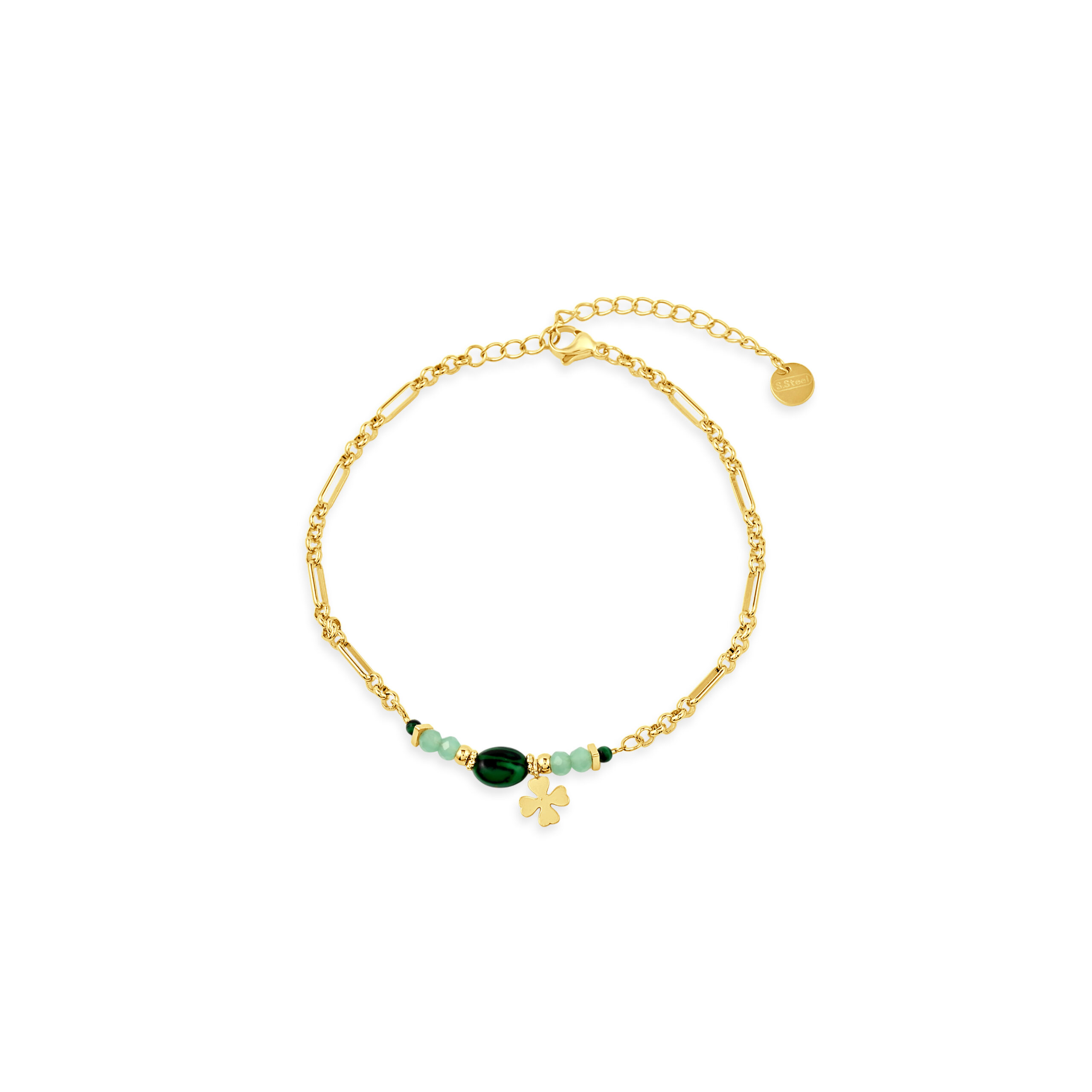 Gold Plated Green Stone Clover Charm Bracelet