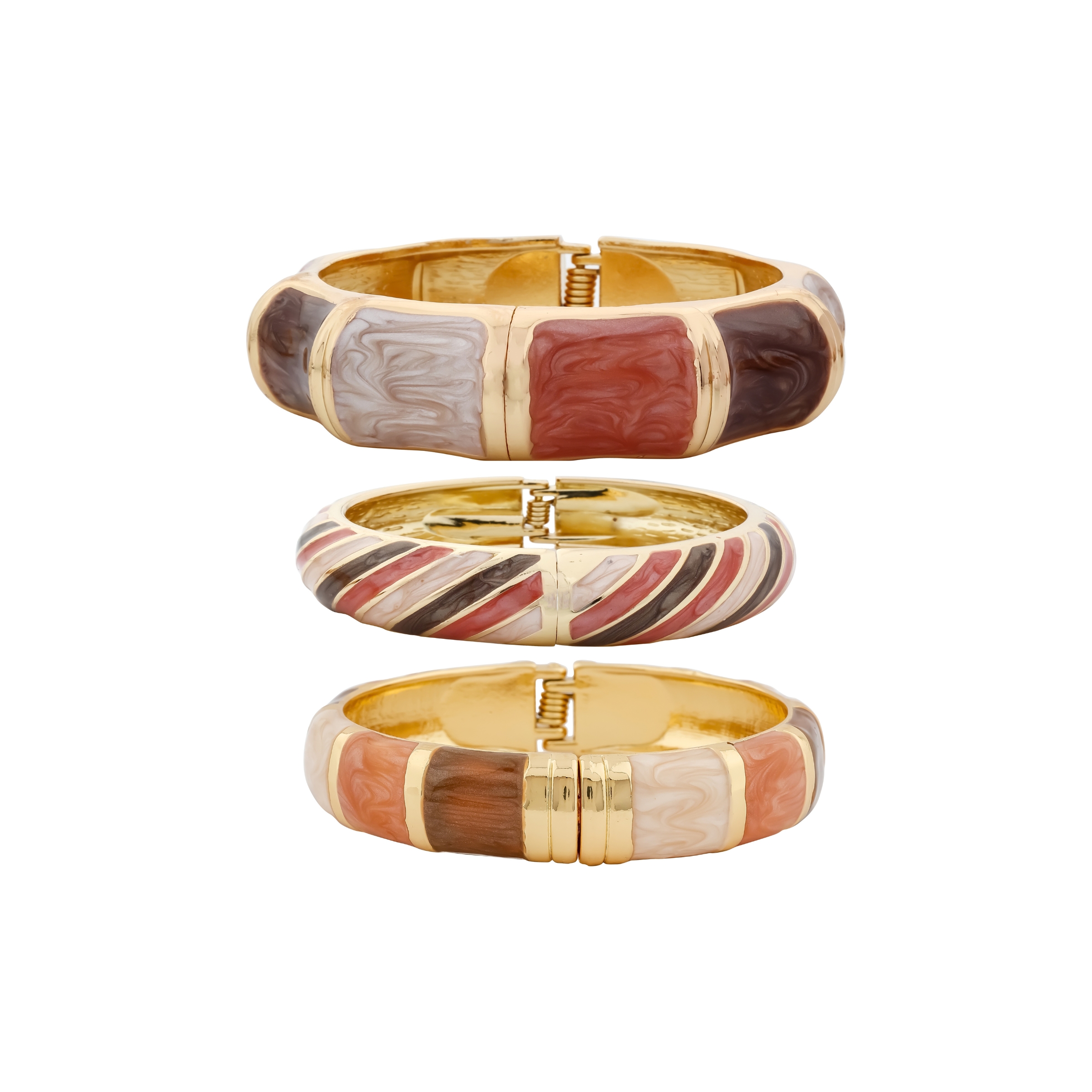 Stackable Enamel Bangles set of 3 in pink, coral, ivory and brown with gold-tone brass finish