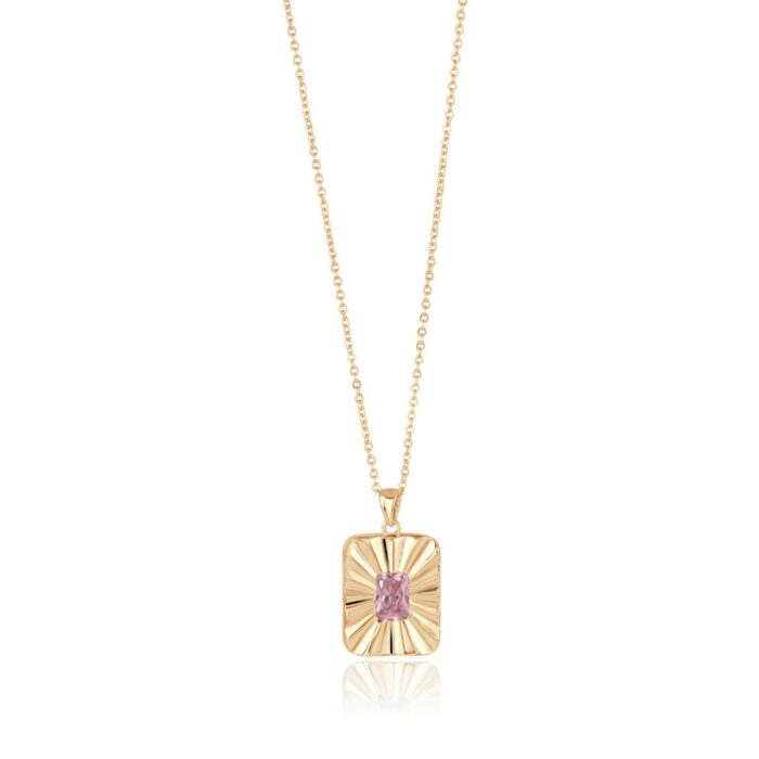 Purple Stone Pendant Necklace in gold plated brass with sunburst rectangle design