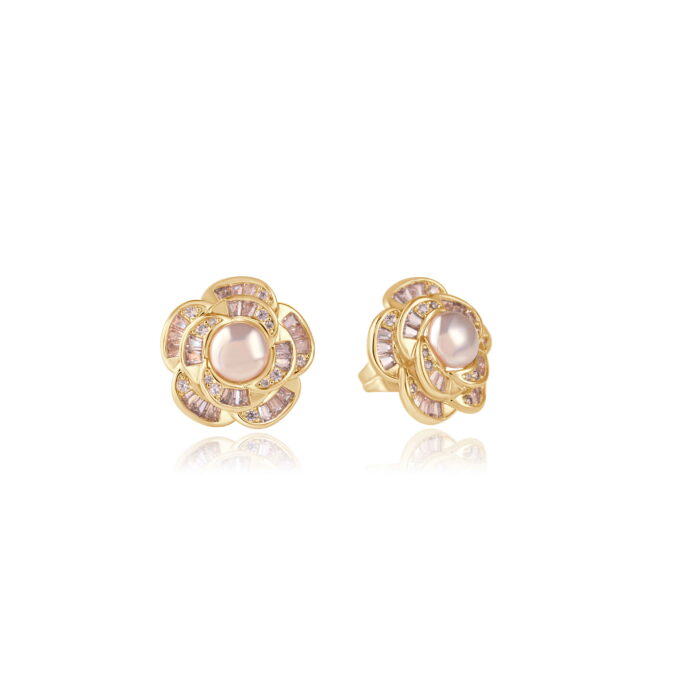 Pearl Flower Stud Earrings with American Diamond petals and gold-tone finish on white background