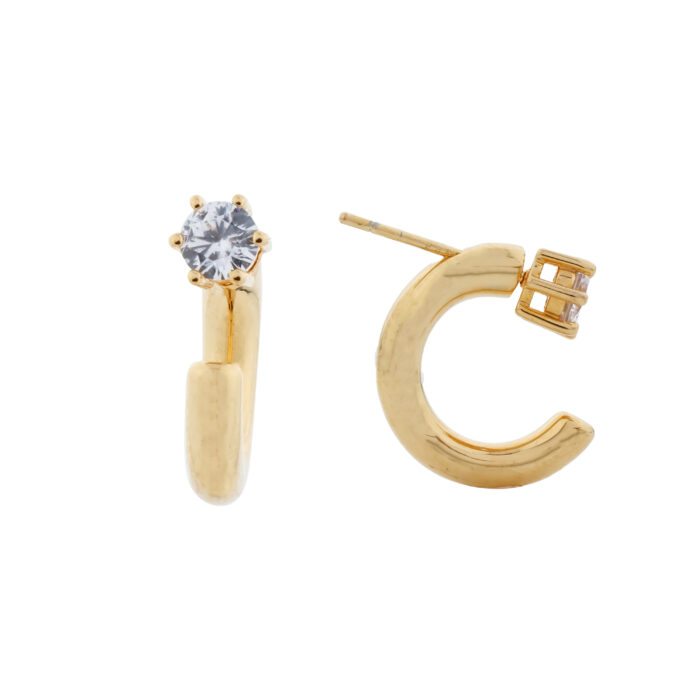 Solitaire Hoop Earrings in gold-tone with round American Diamond front and side view